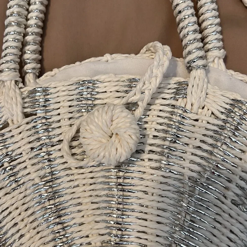 Mudpie white and silver wicker handbag shoulder strap and handles used 1x EUC